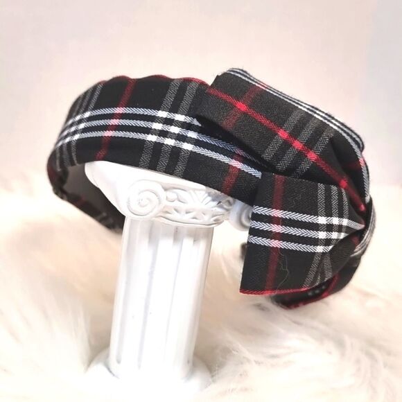 PLAID SIDE BOW HEADBAND Black white red fabric - Picture 2 of 6